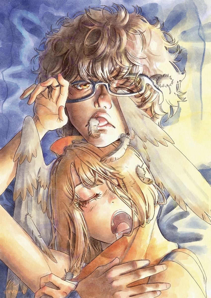 1boy, 1girl, annoyed, arm_up, brown_hair, dark-skinned_male, dark_skin, drooling, eunie_(xenoblade), feathered_wings, feathers, glasses, hand_on_another's_face, head_wings, highres, medium_hair, messy_hair, one_eye_closed, open_mouth, orange_scarf, saliva, scarf, shared_clothes, shared_scarf, sleeping, sleeping_on_person, sleeveless, snoring, taion_(xenoblade), upper_body, vvbert, wings, xenoblade_chronicles_(series), xenoblade_chronicles_3