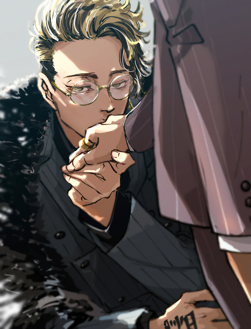 2boys, black_hair, black_jacket, black_shirt, black_suit, blonde_hair, cowboy_shot, formal_clothes