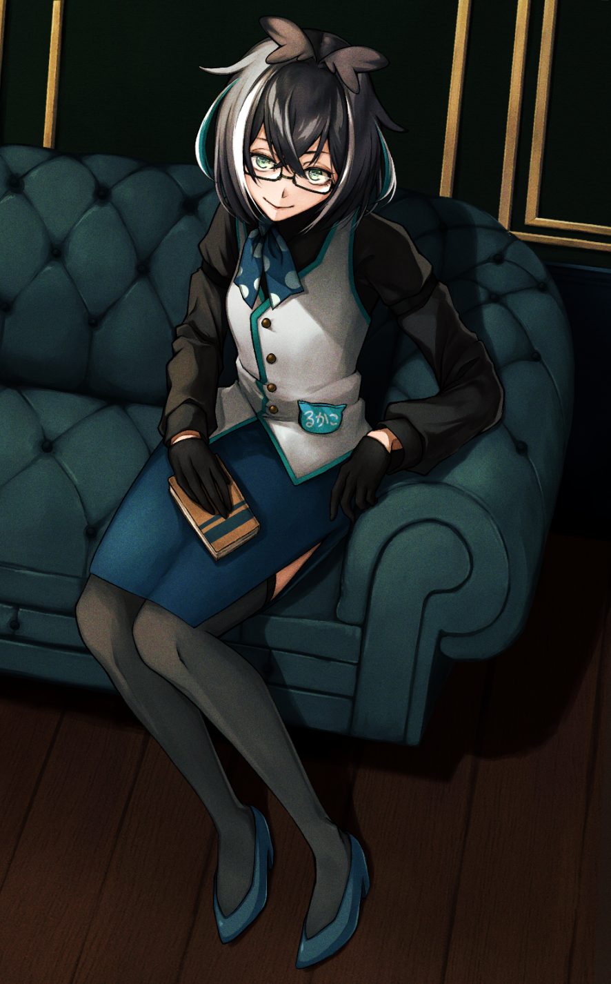 1girl, black-framed_eyewear, black_gloves, black_hair, black_shirt, blue_bow, blue_bowtie, blue_hair