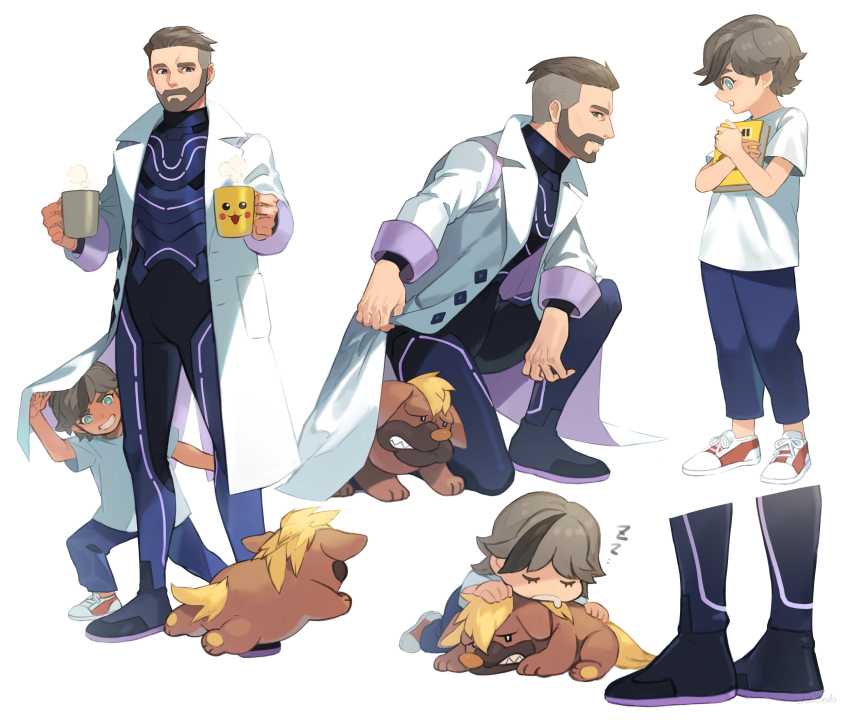 2boys, aged_down, arven_(pokemon), beard, bodysuit, brown_hair, character_print, closed_mouth, coat, commentary_request, cup, facial_hair, father_and_child, father_and_son, gen_1_pokemon, green_eyes, highres, holding, holding_cup, male_focus, mug, multiple_boys, multiple_views, nintendo, open_clothes, open_coat, parent_and_child, pikachu, pokemon, pokemon_scarlet_and_violet, professor_turo, saida_(ohda_ooda), short_hair, sleeping, standing, steam, undercut, white_background, white_coat, zzz