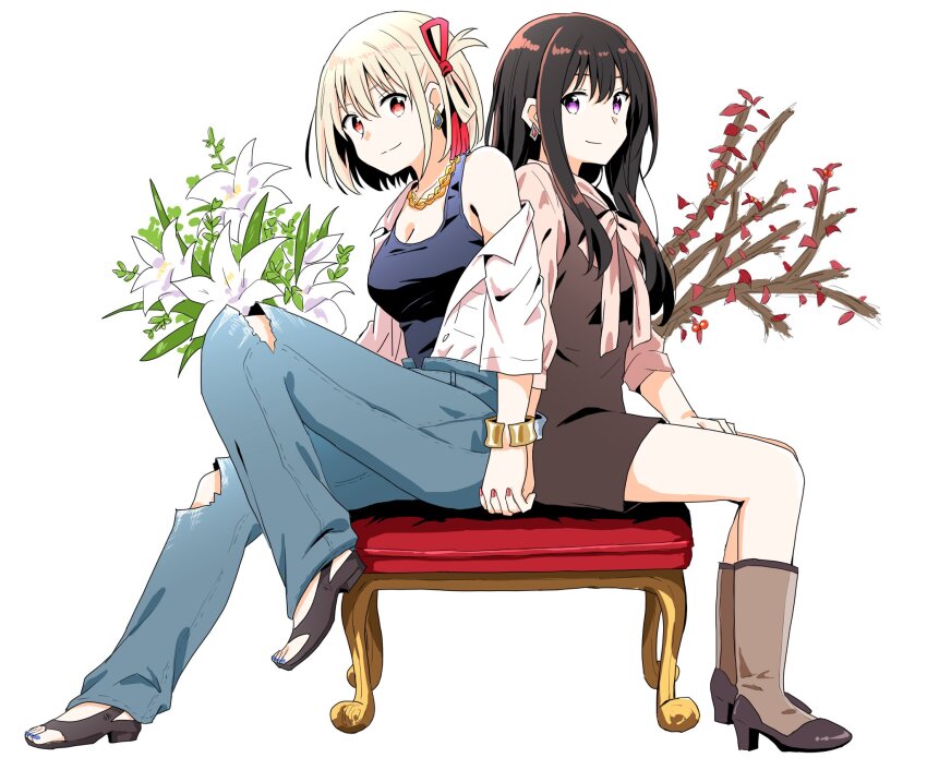 2girls, black_dress, black_footwear, black_hair, black_tank_top, blonde_hair, bob_cut, boots, bracelet, breasts, casual, cleavage, denim, dress, ear_piercing, flower, hair_ribbon, high_heel_boots, high_heels, highres, holding_hands, inoue_takina, isumi, jacket, jeans, jewelry, long_hair, looking_at_viewer, lycoris_recoil, medium_breasts, multiple_girls, nishikigi_chisato, off_shoulder, pants, piercing, purple_eyes, red_eyes, red_ribbon, ribbon, sandals, short_hair, simple_background, sitting, smile, tank_top, torn_clothes, torn_jeans, torn_pants, white_background, white_jacket