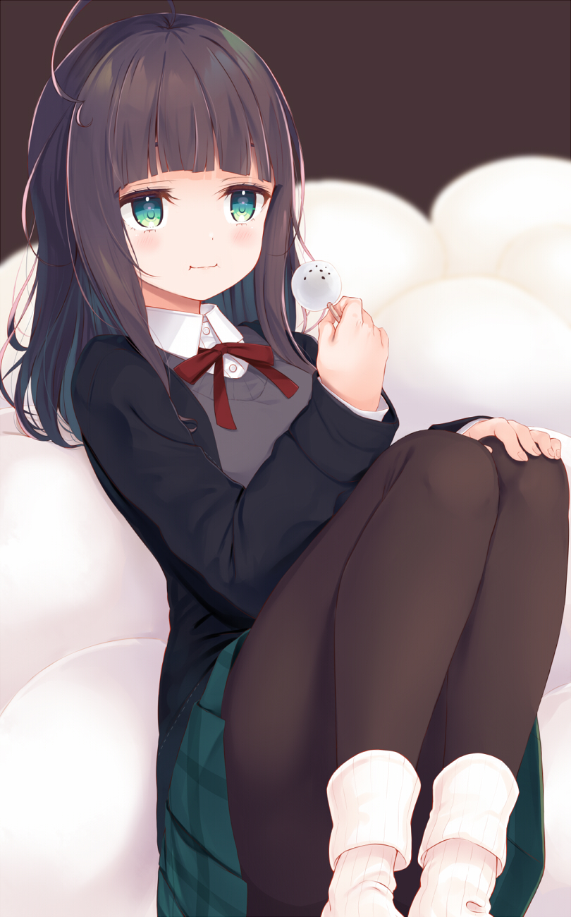 1girl, :i, black_hair, black_jacket, black_shirt, blazer, blush, cake_pop, closed_mouth, eating, food, green_eyes, green_skirt, highres, holding, jacket, knees_up, komone_ushio, legs, light_blush, long_sleeves, medium_hair, original, pantyhose, pleated_skirt, red_ribbon, ribbon, shirt, sitting, skirt, socks, solo, uniform