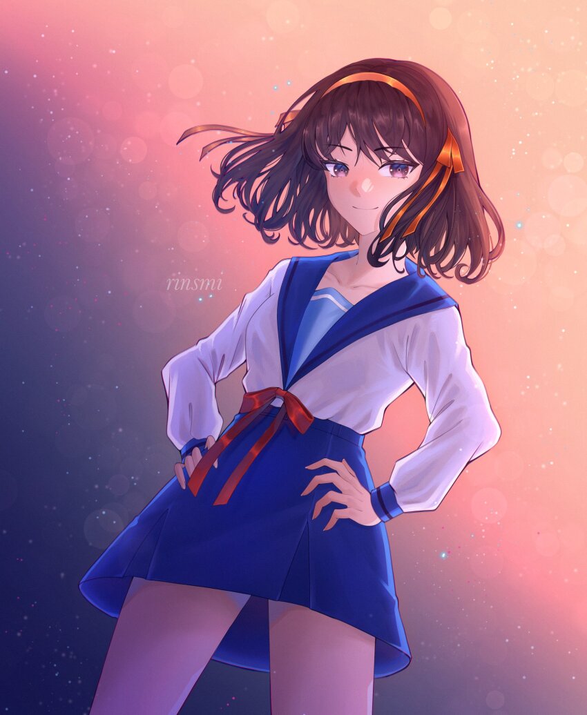 1girl, artist_name, blue_sailor_collar, blue_skirt, brown_eyes, brown_hair, closed_mouth, collarbone