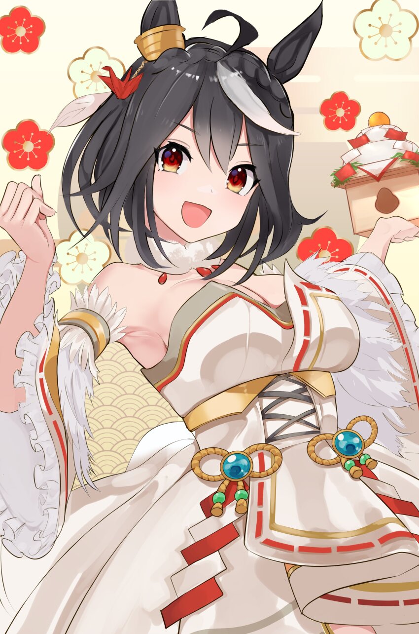 1girl, :d, absurdres, ahoge, animal_ears, bare_shoulders, black_hair, breasts