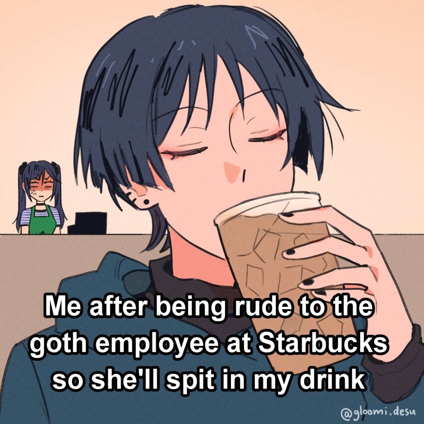 1boy, 1girl, alternate_costume, angry, apron, artist_name, asymmetrical_bangs, black_bow, black_choker, black_nails, black_sweater, blue_hair, blue_hoodie, blunt_ends, bow, breasts, choker, closed_eyes, closed_mouth, coffee, commentary, covered_mouth, cup, dark_blue_hair, drinking, ear_piercing, english_commentary, english_text, fingernails, genshin_impact, gloomidesu, green_apron, hair_between_eyes, hair_bow, hand_up, highres, holding, holding_cup, hood, hoodie, ice, iced_coffee, long_hair, long_sleeves, looking_at_another, medium_breasts, meme, mona_(genshin_impact), nail_polish, missing_headwear, orange_background, parted_bangs, piercing, purple_shirt, scaramouche_(genshin_impact), shirt, short_hair, short_sleeves, simple_background, standing, striped_clothes, striped_shirt, sweater, t-shirt, table, turtleneck, twintails, white_shirt