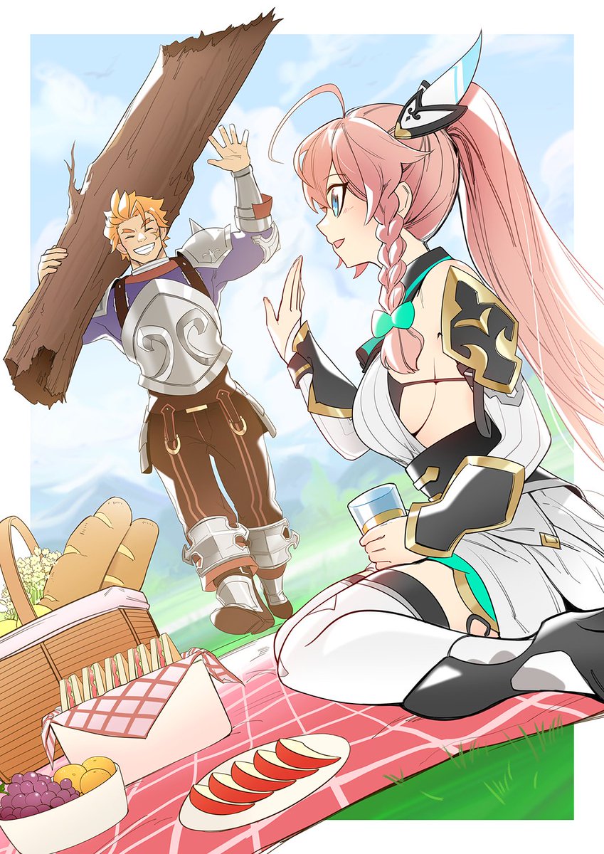 1boy, 1girl, ahoge, apple, apple_slice, armor, arms_up, baguette, basket, black_bra, blanket, blue_eyes, blue_shirt, blue_sky, boots, bow, bra, braid, bread, breasts, brown_pants, carrying_over_shoulder, cup, detached_sleeves, dragalia_lost, facial_mark, food, fruit, gold_trim, grapes, grass, hair_bow, hair_ornament, high_ponytail, highres, holding, holding_cup, large_breasts, log, louise_(dragalia_lost), lumberjack, on_ground, orange_hair, pants, picnic, pink_hair, plate, ponytail, rex_(dragalia_lost), sandwich, scar, scar_on_face, shirt, shorts, shoulder_spikes, side_braid, sideboob, sitting, sky, smile, spikes, thighhighs, underwear, walking, waving, white_shirt, xiafei97