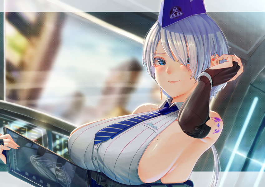 1girl, breasts, brid_(nikke), building, goddess_of_victory:_nikke, hat, large_breasts, looking_at_viewer, off_shoulder, short_hair, smile, solo, tattoo, visunoriva, white_hair