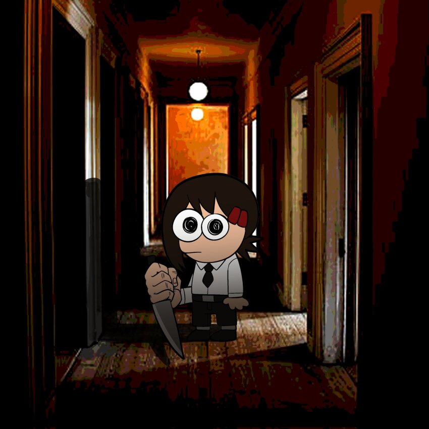 1girl, black_footwear, black_necktie, black_pants, chainsaw_man, collared_shirt, cosplay, dark, hair_ornament, hairclip, hallway, higashiyama_kobeni, higashiyama_kobeni_(cosplay), highres, holding, holding_knife, kermittend, knife, looking_at_viewer, medium_hair, necktie, pants, photo_background, pim_(smiling_friends), ponytail, shirt, shirt_tucked_in, short_ponytail, single_sidelock, smiling_friends, solo, swept_bangs, white_shirt