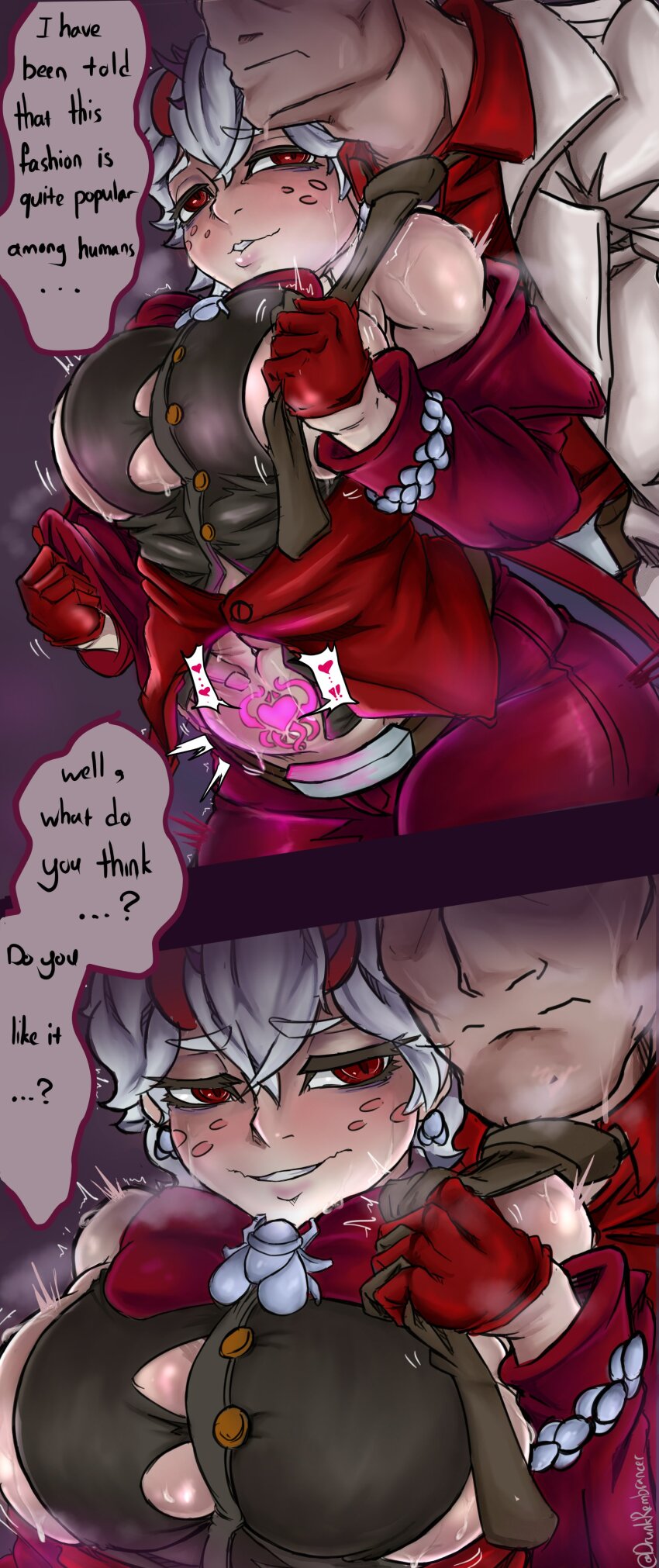 1boy, 1girl, absurdres, bare_shoulders, beelzebub_(helltaker), black_vest, breasts, brown_necktie, clothes_grab, demon_girl, earrings, english_text, freckles, gloves, half-closed_eyes, helltaker, helltaker_(character), highres, jacket, jewelry, large_breasts, merry_remembrancer, navel, necktie, necktie_grab, neckwear_grab, pubic_tattoo, red_eyes, red_gloves, red_jacket, red_shirt, shirt, speech_bubble, sweatdrop, tattoo, vest, white_hair, white_jacket