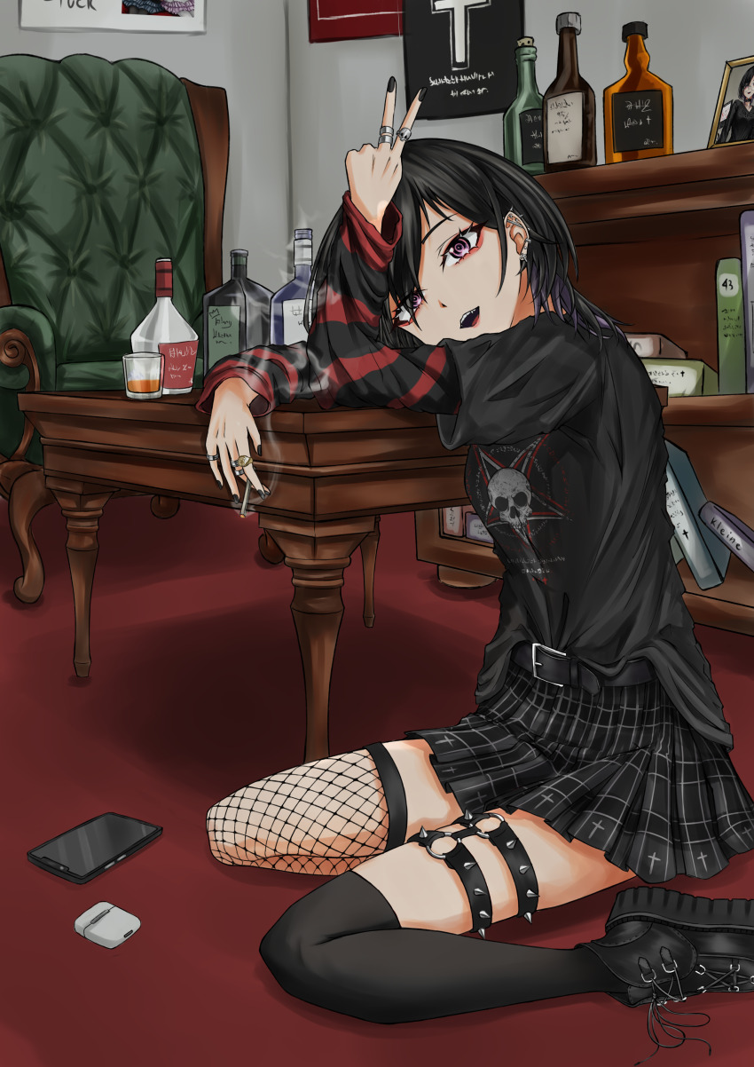1girl, absurdres, alcohol, artist_name, asymmetrical_legwear, belt, black_belt, black_boots