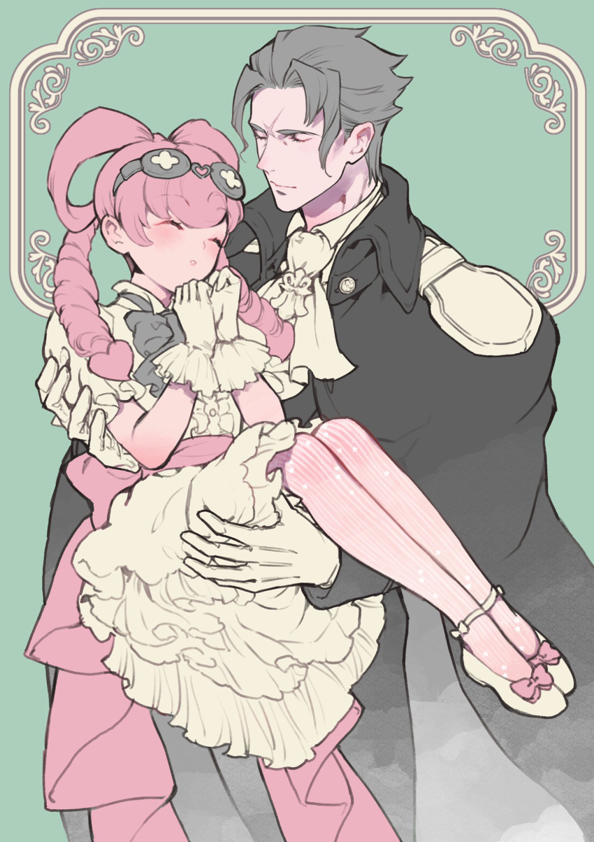 1boy, 1girl, ace_attorney, alternate_costume, ascot, barok_van_zieks, black_bow, black_hair