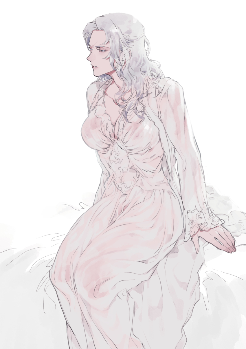 1girl, absurdres, ace_attorney, barok_van_zieks, blue_eyes, breasts, cleavage, collarbone, dress, genderswap, genderswap_(mtf), highres, large_breasts, long_hair, long_sleeves, looking_at_viewer, nightgown, noi350, parted_lips, scar, scar_on_face, see-through_clothes, simple_background, sitting, solo, the_great_ace_attorney, wavy_hair, white_background