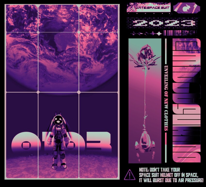 1girl, 2023, :d, animal_ears, asteroid, astronaut, collage, covered_face, dated, earth_(planet), english_text, fake_animal_ears, full_body, helmet, highres, laser, looking_at_viewer, mechanical_ears, moon, nasu07_2001, nijisanji, official_alternate_costume, open_mouth, pink_theme, planet, rabbit, rabbit_ears, sign, smile, solo, space, space_helmet, spacecraft, spacesuit, tsukino_mito, tsukino_mito_(astronaut), twintails, virtual_youtuber, warning_sign