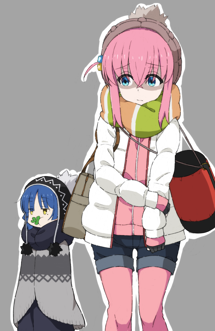 2girls, bag, black_dress, black_gloves, black_headwear, black_scarf, blue_eyes, blue_hair, bocchi_the_rock!, brown_headwear, closed_mouth, color_connection, cosplay, crossed_bangs, cube_hair_ornament, denim, denim_shorts, down_jacket, dress, eating, eyes_visible_through_hair, feet_out_of_frame, gloves, gotoh_hitori, green_scarf, grey_background, grey_poncho, hair_color_connection, hair_ornament, jacket, kagamihara_nadeshiko, kagamihara_nadeshiko_(cosplay), kayabakoro, long_sleeves, look-alike, looking_at_another, mole, mole_under_eye, multiple_girls, one_side_up, orange_scarf, outline, pantyhose, parted_bangs, pink_hair, pink_jacket, pink_pantyhose, plant, pom_pom_(clothes), poncho, scarf, shima_rin, shima_rin_(cosplay), shorts, shoulder_bag, sidelocks, trait_connection, two-tone_scarf, white_jacket, white_outline, winter_clothes, yamada_ryo, yellow_eyes, yurucamp