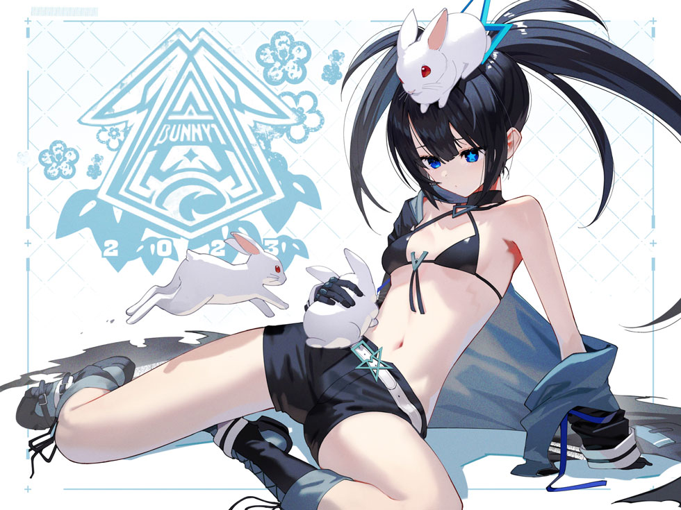 1girl, 2023, animal, animal_on_head, bikini, bikini_top_only, black_bikini, black_boots, black_gloves, black_hair, black_jacket, black_rock_shooter, black_rock_shooter_(character), black_rock_shooter_fragment, black_shorts, blue_eyes, boots, breasts, chinese_zodiac, commentary_request, elishka_(black_rock_shooter), gloves, hair_between_eyes, jacket, lace-up_boots, long_hair, long_sleeves, navel, off_shoulder, on_head, open_clothes, open_jacket, rabbit, red_eyes, scottie_(phantom2), short_shorts, shorts, sleeves_past_wrists, small_breasts, solo, star-shaped_pupils, star_(symbol), swimsuit, symbol-shaped_pupils, twintails, uneven_twintails, very_long_hair, year_of_the_rabbit