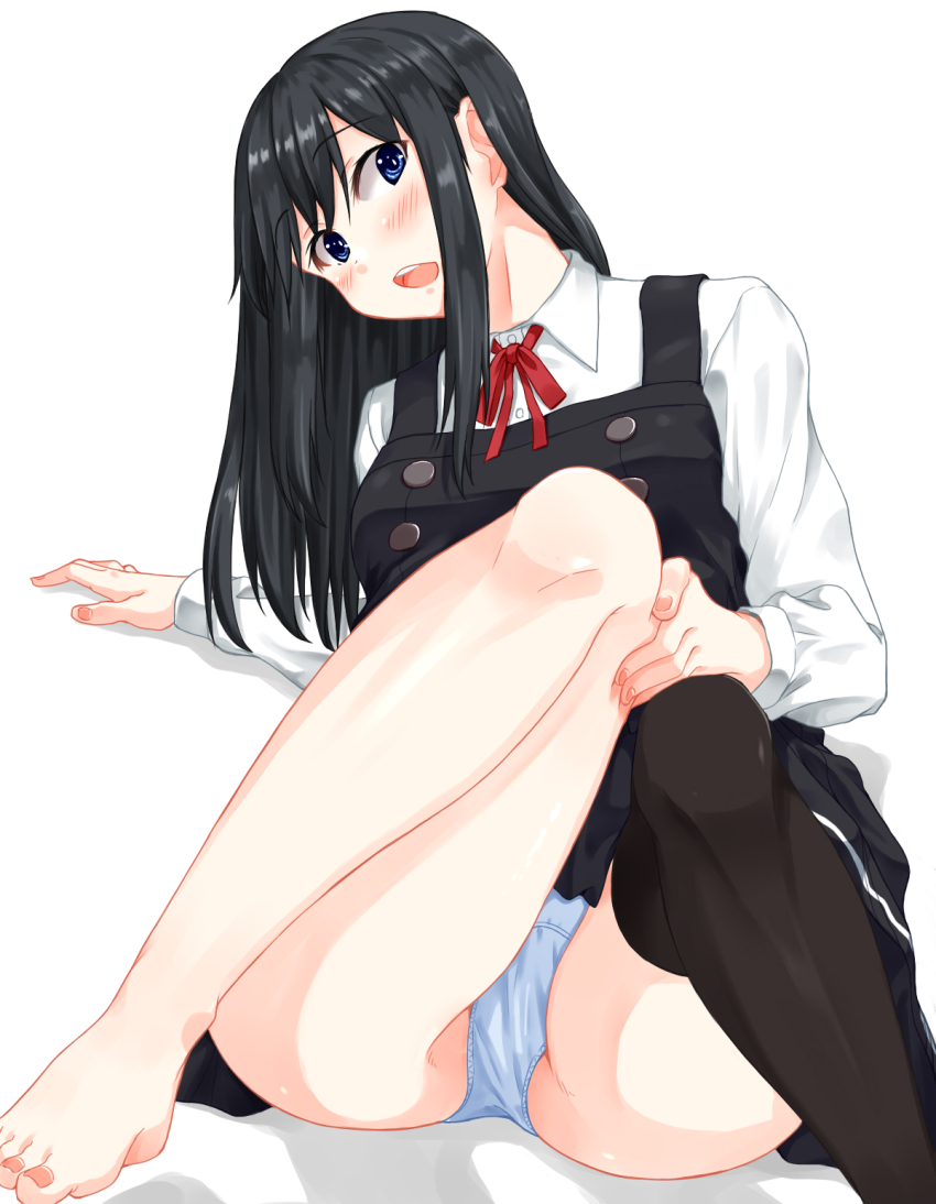 1girl, asashio_(kancolle), barefoot, black_dress, black_hair, black_thighhighs, blue_eyes, blush, collared_shirt, commentary_request, crotch_seam, dress, dress_shirt, fingernails, highres, izumo_konata, kantai_collection, long_hair, long_sleeves, looking_at_viewer, open_mouth, panties, pinafore_dress, shirt, short_sleeves, simple_background, single_thighhigh, sitting, sleeveless_dress, smile, solo, teeth, thighhighs, underwear, upper_teeth_only, white_background, white_panties, white_shirt