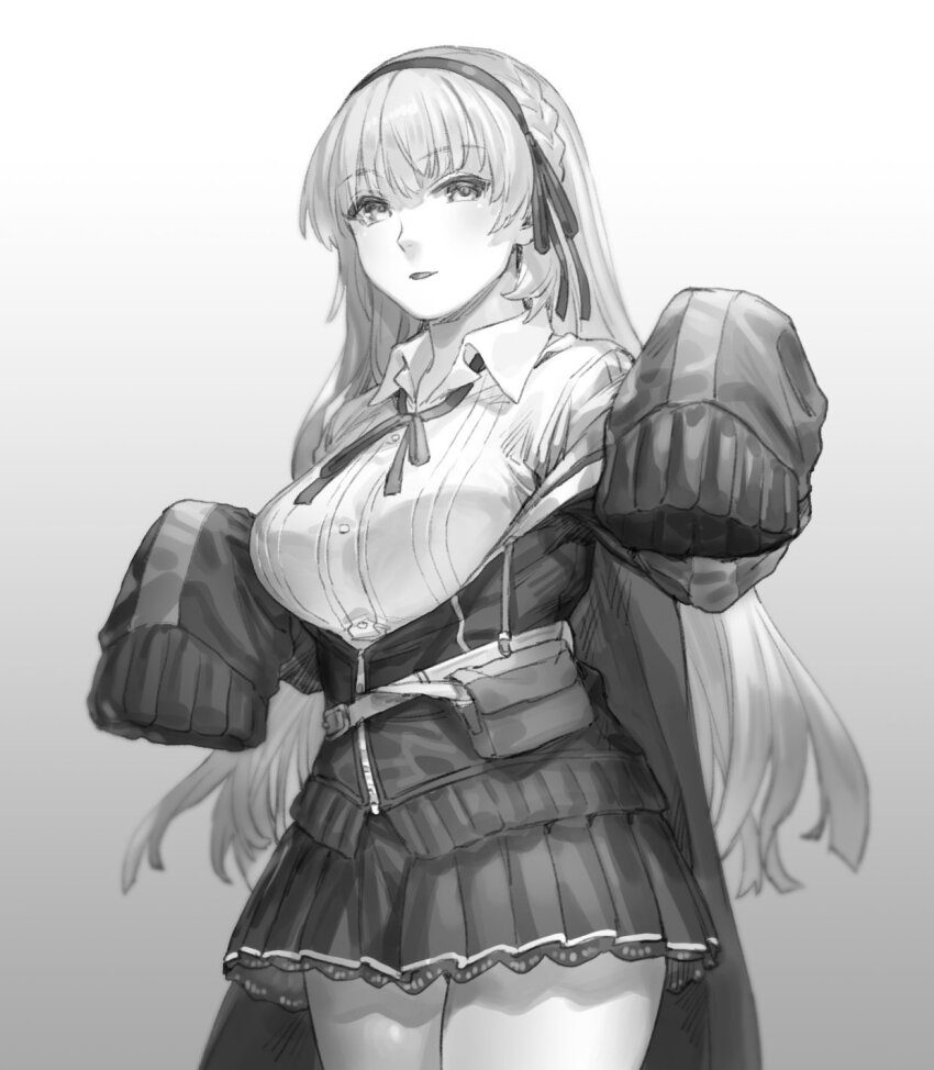 1girl, amatsu_marei, assault_lily, belt, belt_buckle, belt_pouch, blurry, bow_hairband