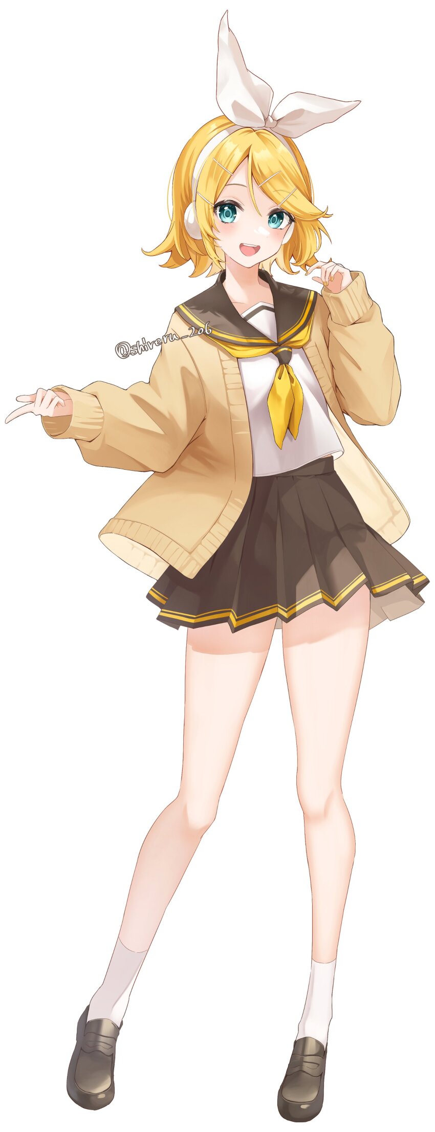 absurdres, aqua_eyes, blonde_hair, bow, brown_cardigan, brown_shoes, cardigan, contrapposto