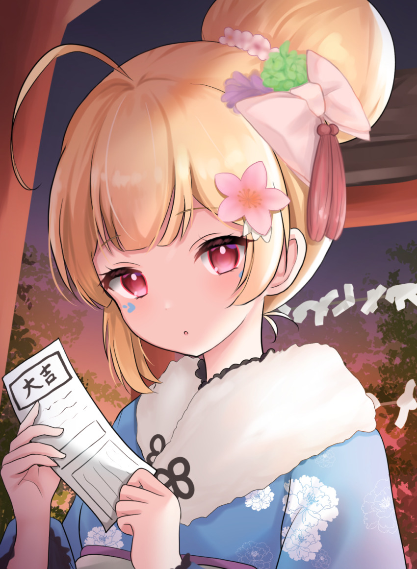 1girl, :o, ahoge, azur_lane, blonde_hair, blue_kimono, commentary_request, eldridge_(azur_lane)