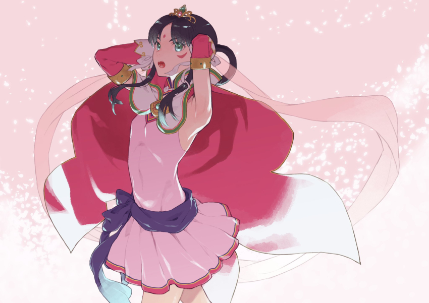 1girl, ace_attorney, armpits, arms_behind_head, black_hair, cape, detached_sleeves, dress, facial_mark, forehead_mark, green_eyes, hair_ornament, hair_rings, highres, long_hair, looking_at_viewer, noi350, open_mouth, phoenix_wright:_ace_attorney_-_spirit_of_justice, pink_dress, rayfa_padma_khura'in, sash, sidelocks, skirt, solo, tattoo, tiara, veil