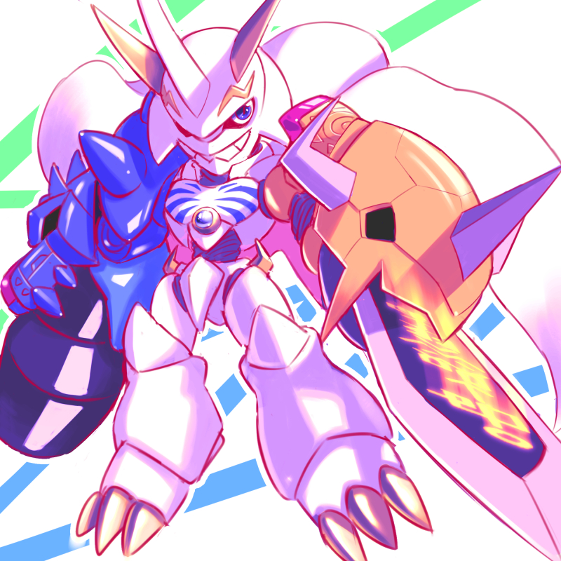arm_blade, arm_cannon, blue_eyes, cannon, cape, chibi, digimon, digimon_(creature)