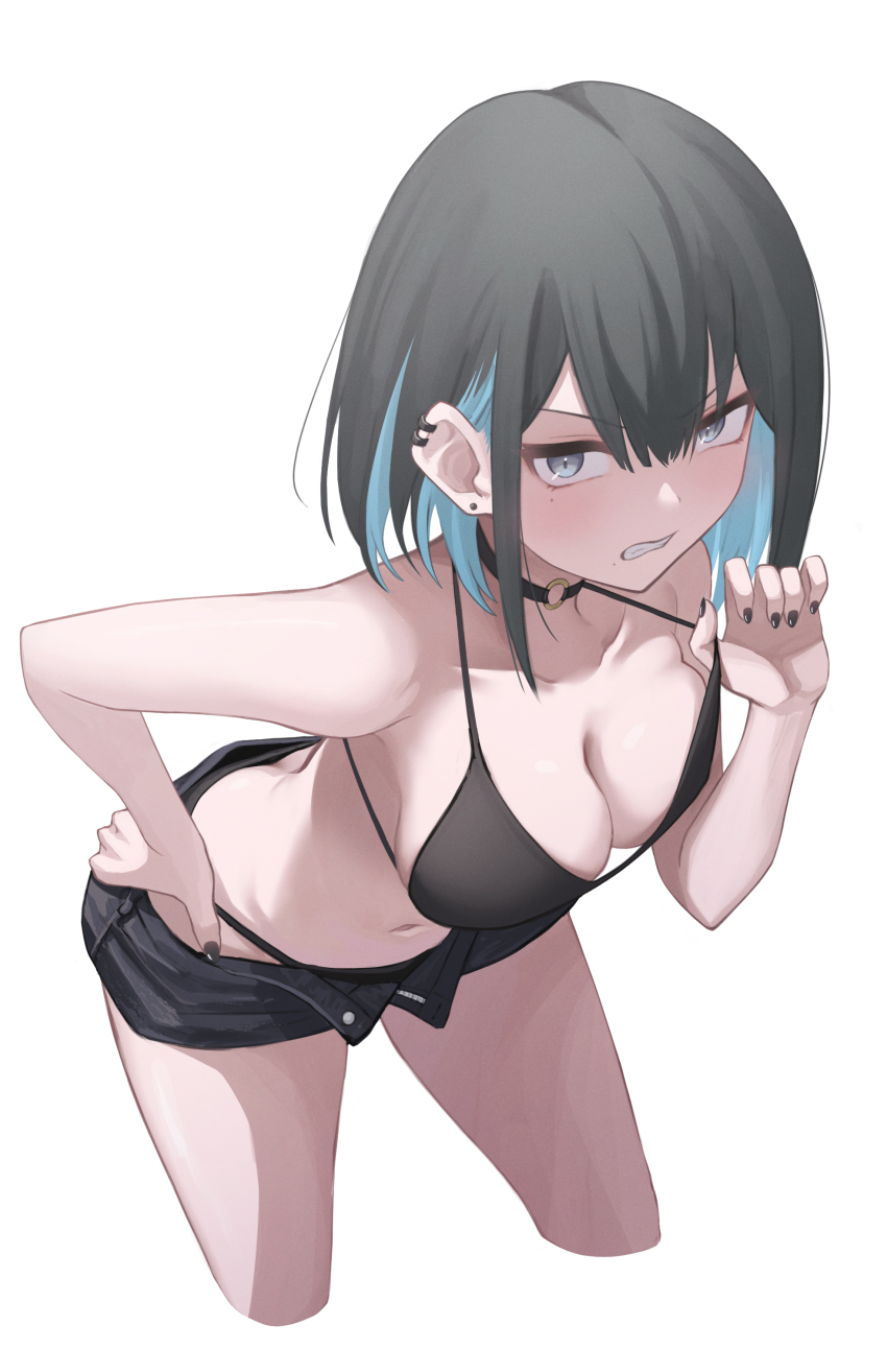 1girl, absurdres, adjusting_bra, adjusting_clothes, ass, bikini_bottom_under_shorts, bikini_under_clothes, black_bra