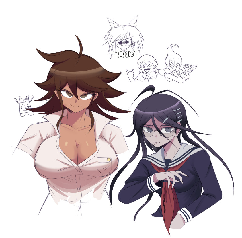 2girls, 3boys, :d, absurdres, ahoge, black_eyes, black_shirt, breast_pocket