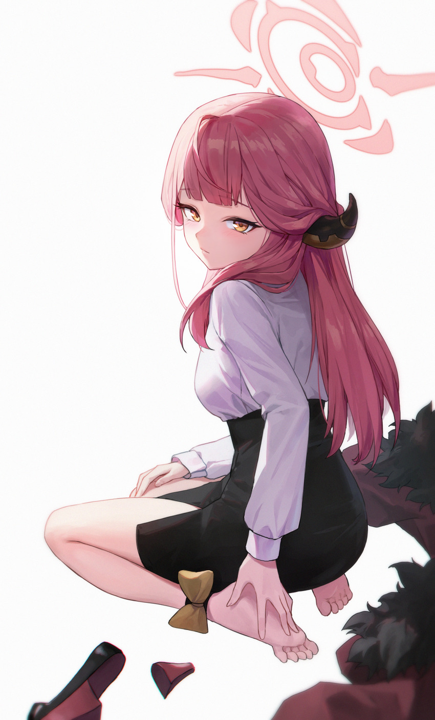 1girl, absurdres, angcha, aru_(blue_archive), bare_legs, barefoot, black_skirt, blue_archive