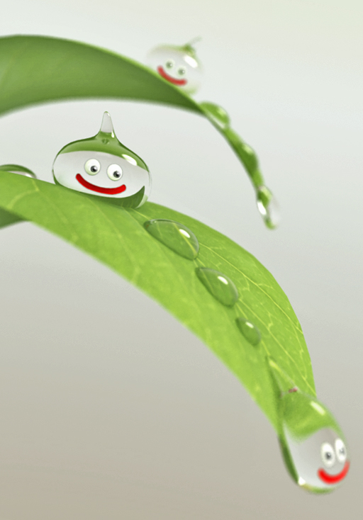 3d, dew_drop, dragon_quest, dripping, leaf, monster, no_humans, obada, simple_background, slime_(dragon_quest), water_drop