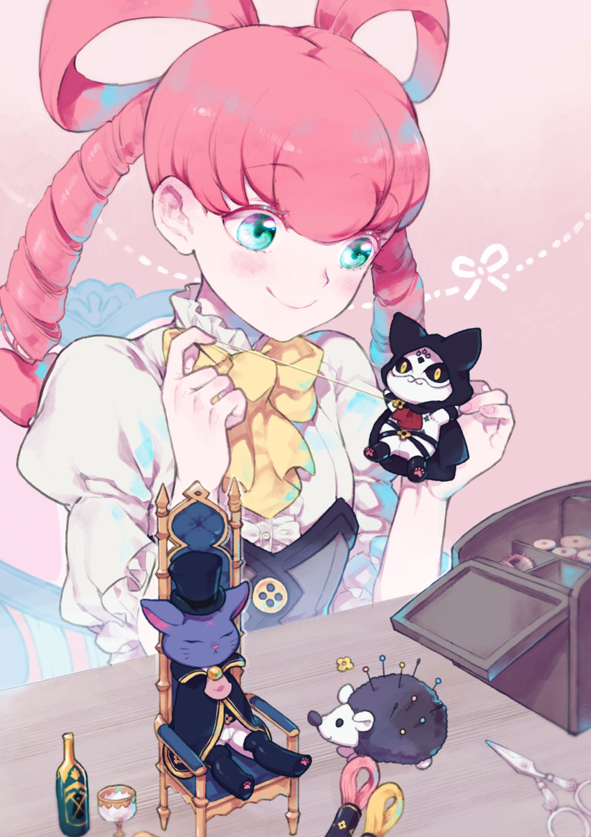 1girl, ace_attorney, barok_van_zieks, blush, bottle, bow, box, chair