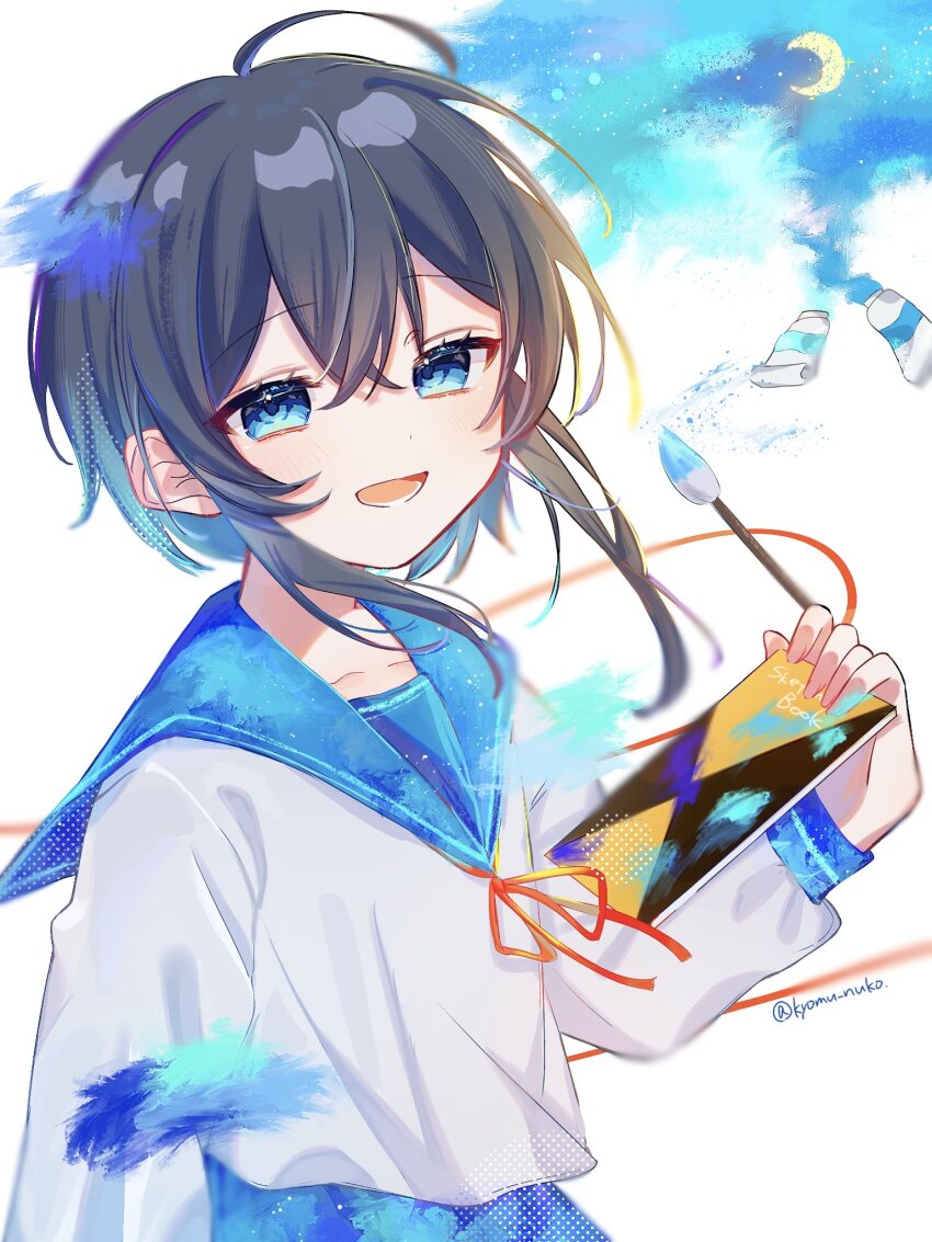 1girl, :d, ahoge, blue_eyes, blue_sailor_collar, blue_shirt, blurry, blush