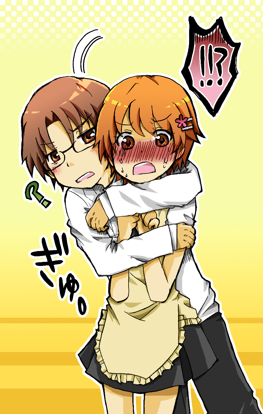 !?, 1boy, 1girl, ?, apron, blush, crying, crying_with_eyes_open