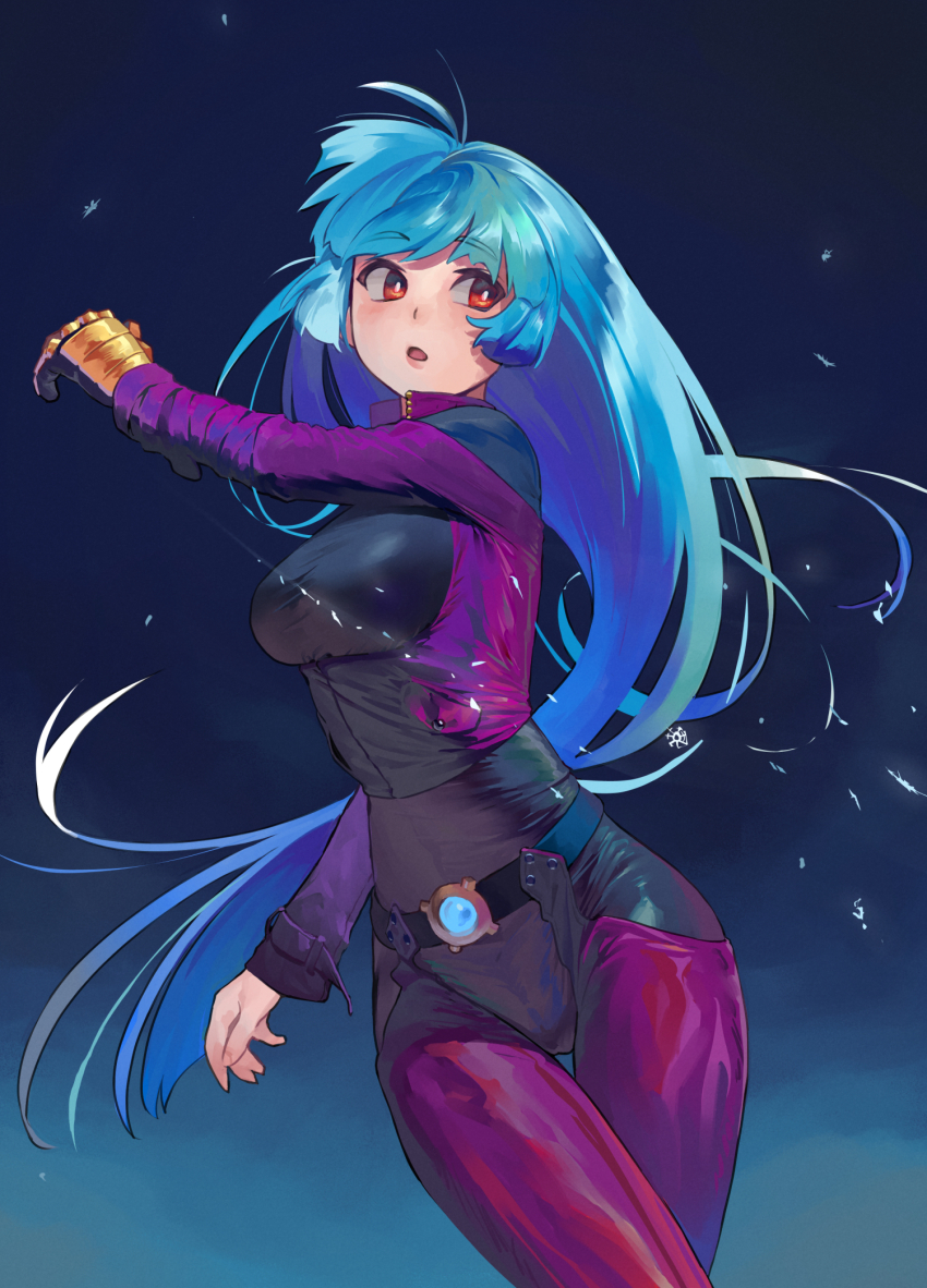 1girl, belt, black_bodysuit, blue_hair, bodysuit, boots, breasts, commentary
