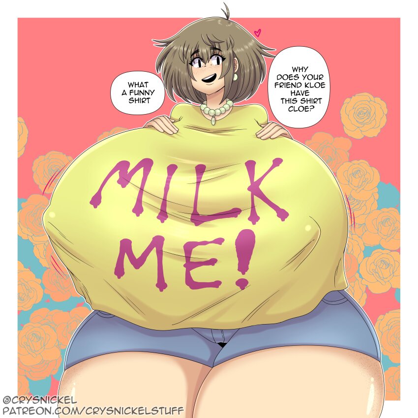 1girl, absurdres, breasts, brown_hair, clara_(crysnickel), collar, covered_erect_nipples, crysnickel