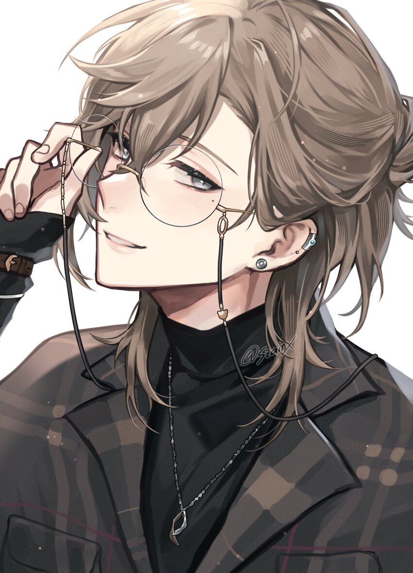 1boy, adjusting_eyewear, artist_name, black_shirt, blush, breast_pocket, brown_hair, brown_jacket, commentary_request, crossed_bangs, ear_piercing, earclip, earrings, eyelashes, eyewear_strap, fingernails, glasses, grey_eyes, hair_between_eyes, hair_bun, half_updo, hand_up, highres, jacket, jewelry, kanae_(13th_costume)_(nijisanji), kanae_(nijisanji), lapels, long_sleeves, looking_at_viewer, male_focus, medium_hair, necklace, nijisanji, parted_lips, piercing, plaid_clothes, plaid_jacket, pocket, round_eyewear, shirt, sidelocks, simple_background, single_hair_bun, sleeves_past_wrists, smile, solo, szainx, teeth, turtleneck, twitter_username, upper_body, virtual_youtuber, white_background