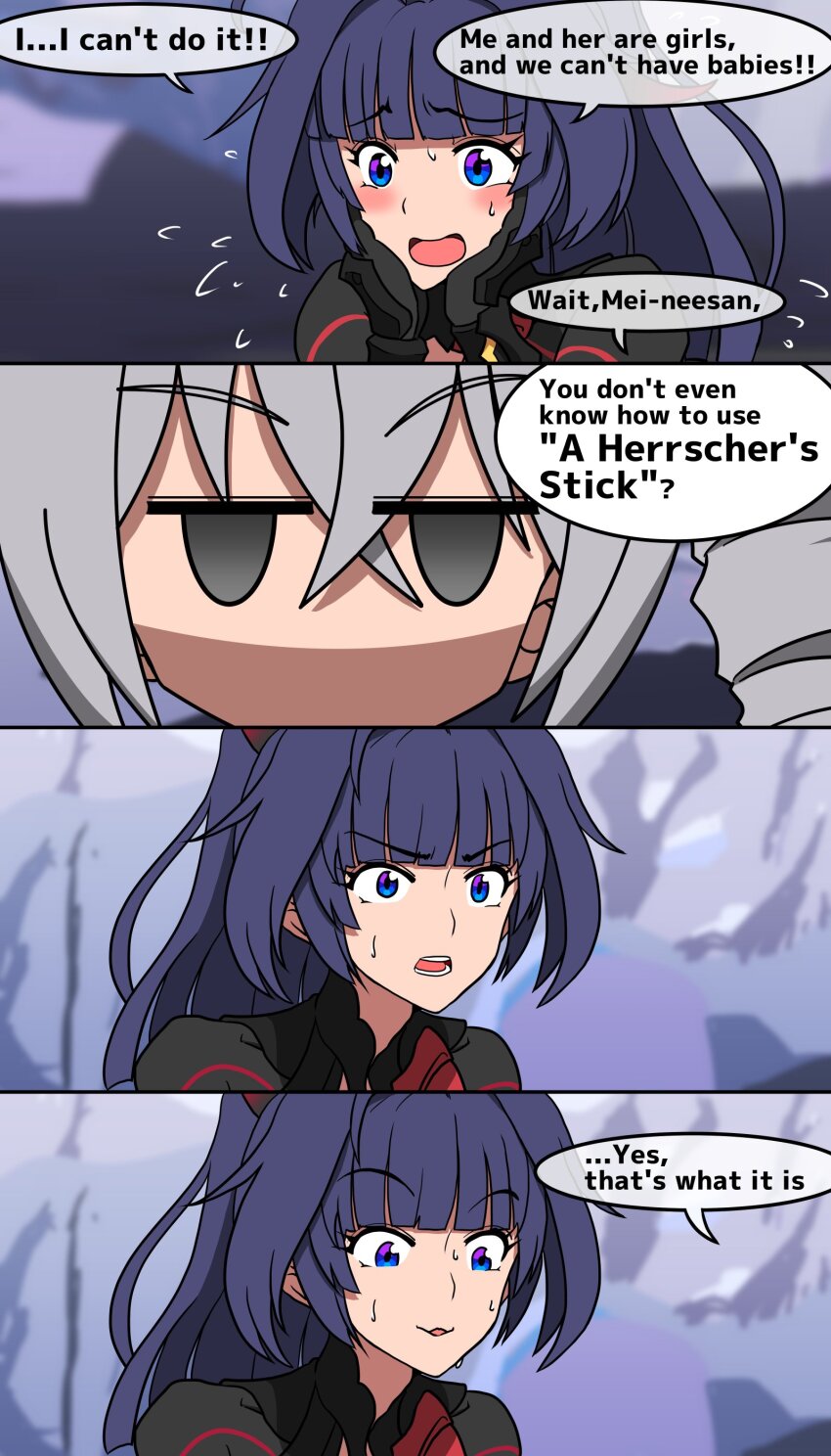 4koma, absurdres, black_gloves, blue_eyes, blurry, blurry_background, blush, bronya_zaychik