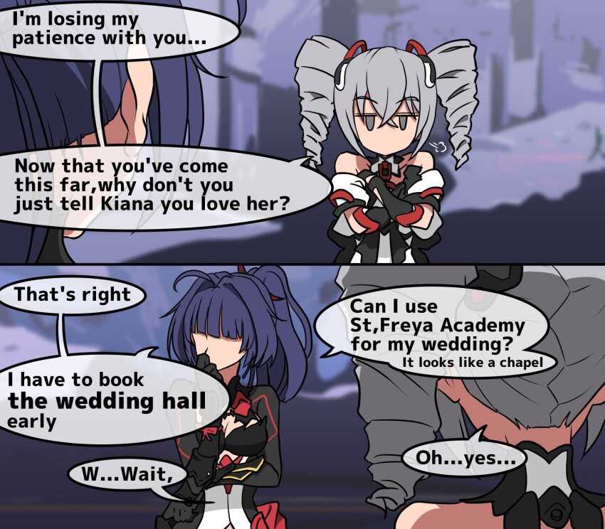 2girls, 2koma, bare_shoulders, black_dress, black_gloves, blurry, blurry_background, breasts