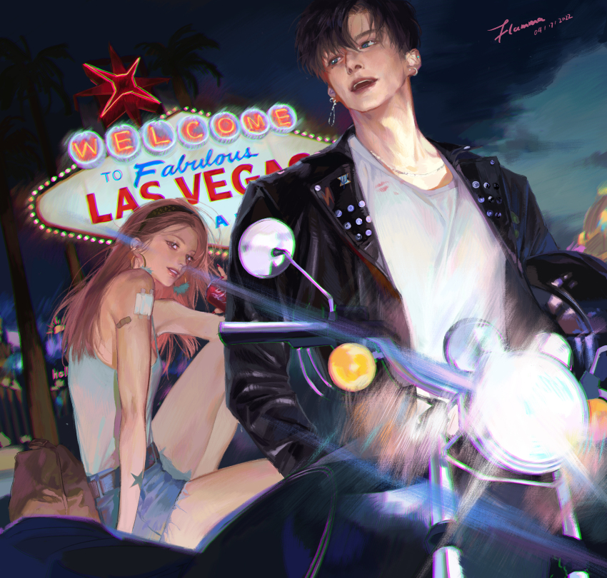 1boy, 1girl, absurdres, artist_name, bandaid, bandaid_on_arm, belt, black_belt