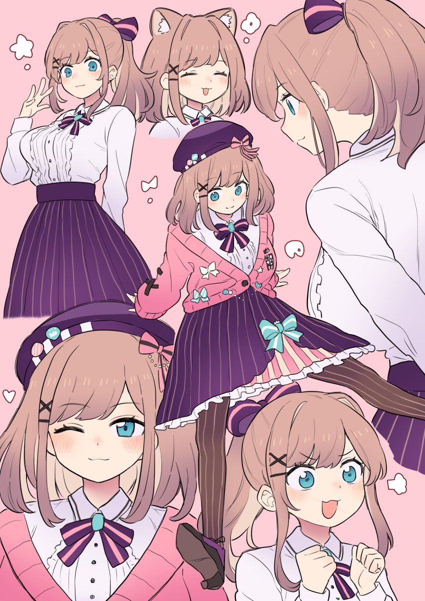 1girl, animal_ears, blue_eyes, blush, bow, bowtie, breasts, brooch