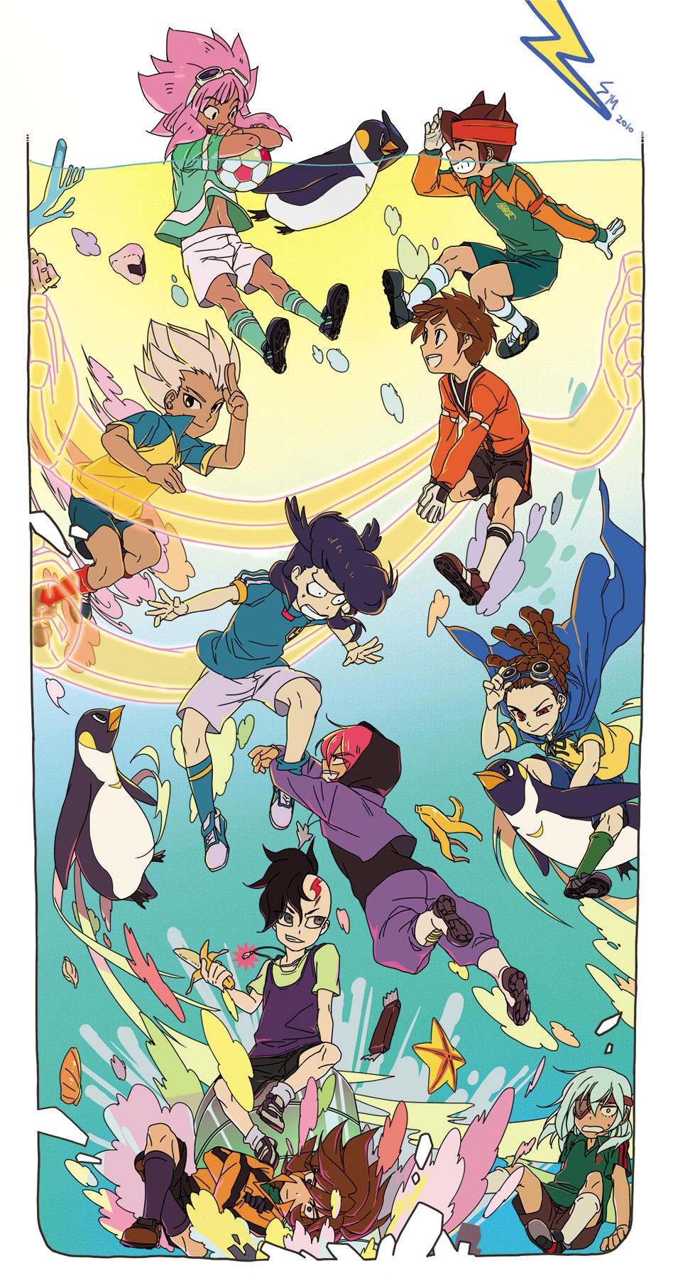 6+boys, bad_id, bad_pixiv_id, ball, banana, bird, cape, chocolate