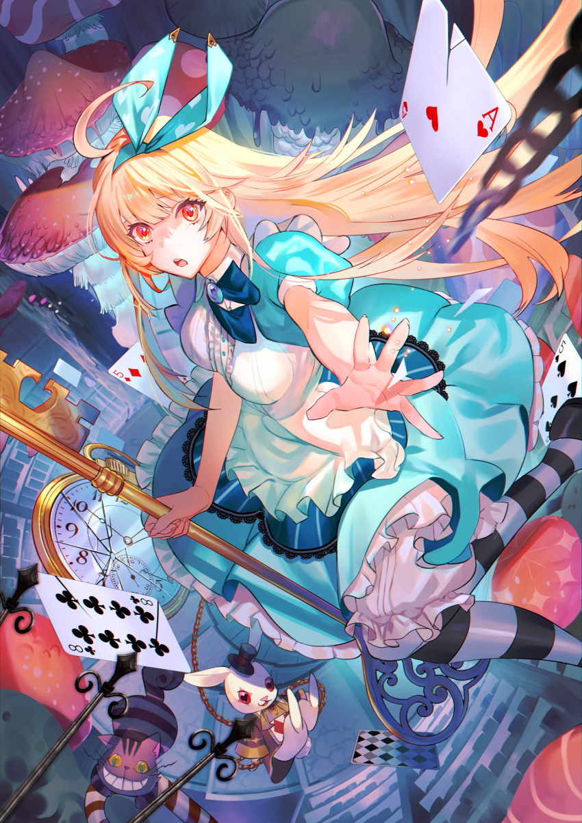 1girl, absurdres, ahoge, alice_(alice_in_wonderland), alice's_adventures_in_wonderland, animal, blonde_hair, bloomers, bookshelf, bow, broken_glass, brooch, card, cat, cheshire_cat_(alice_in_wonderland), clock, club_(shape), dress, frilled_dress, frills, glass, hair_bow, hairband, heart, highres, holding, holding_key, jewelry, key, long_hair, looking_at_viewer, morino_minori, mushroom, neck_ribbon, open_mouth, orange_eyes, pantyhose, pinafore_dress, playing_card, puffy_short_sleeves, puffy_sleeves, rabbit, reaching, reaching_towards_viewer, ribbon, short_sleeves, sleeveless, sleeveless_dress, solo, striped_clothes, striped_pantyhose, underwear, very_long_hair, white_rabbit_(alice_in_wonderland)