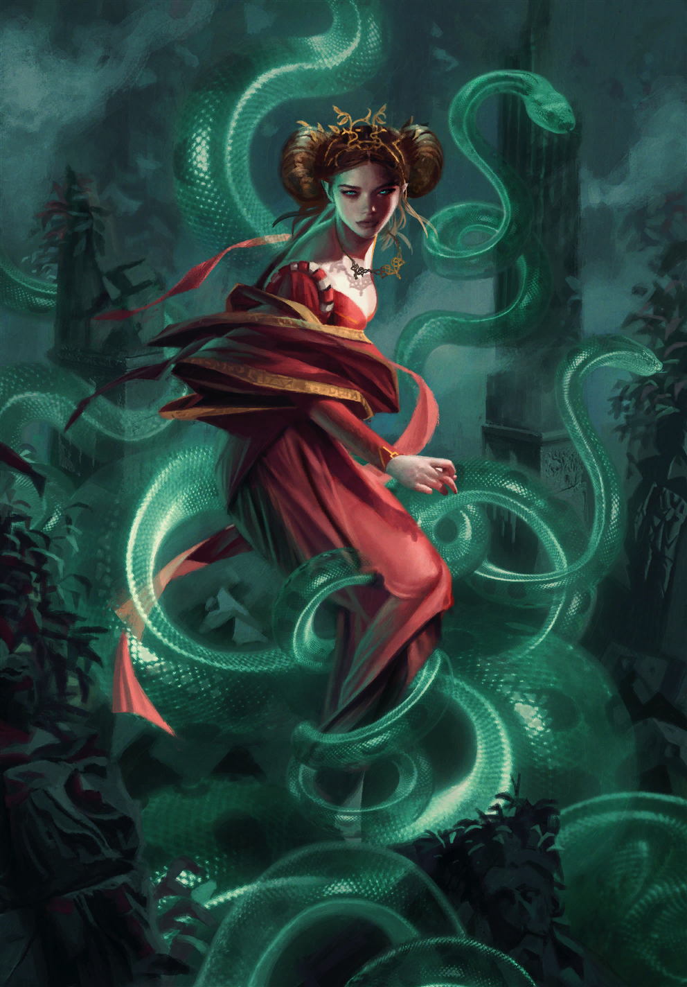 1girl, artist_request, brown_hair, fog, francesca_findabair, green_eyes, gwent_(game), highres, looking_at_viewer, magic, night, non-web_source, outdoors, ruins, snake, the_witcher_(series)