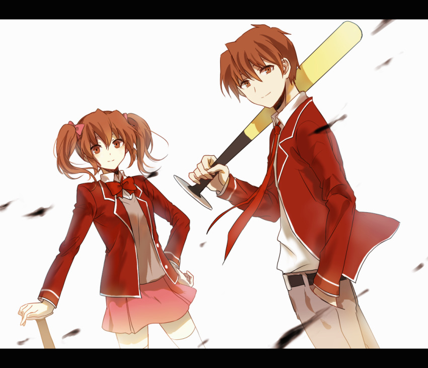 1boy, 1girl, aaniko, baseball_bat, belt, black_belt, blazer, bow