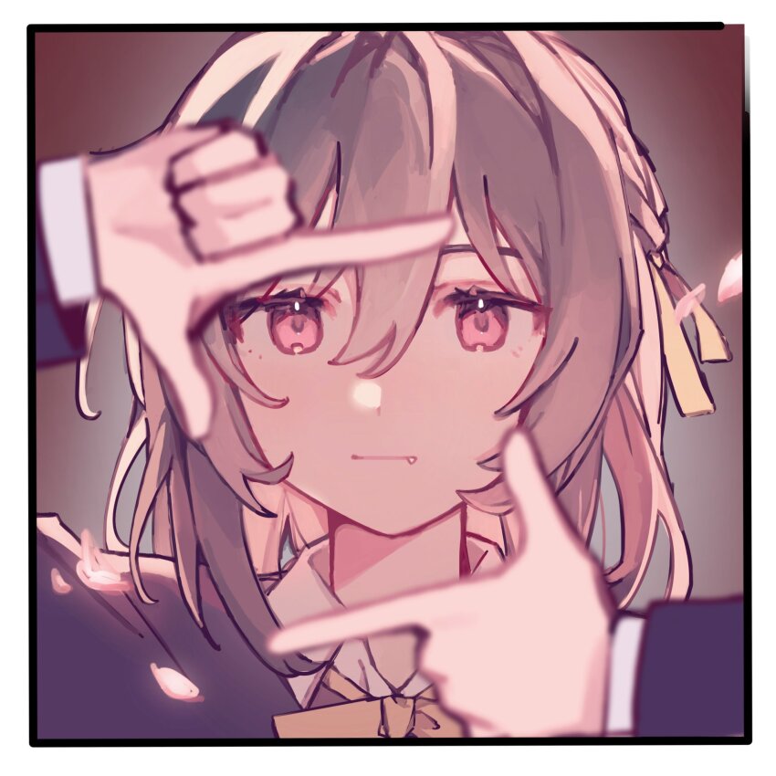 1girl, azhi_nagi, black_hair, expressionless, fang, hair_between_eyes, hair_ribbon, highres, long_sleeves, looking_at_viewer, love_live!, love_live!_nijigasaki_high_school_idol_club, medium_hair, mifune_shioriko, neck_ribbon, nijigasaki_school_uniform, red_eyes, ribbon, school_uniform, solo, swept_bangs