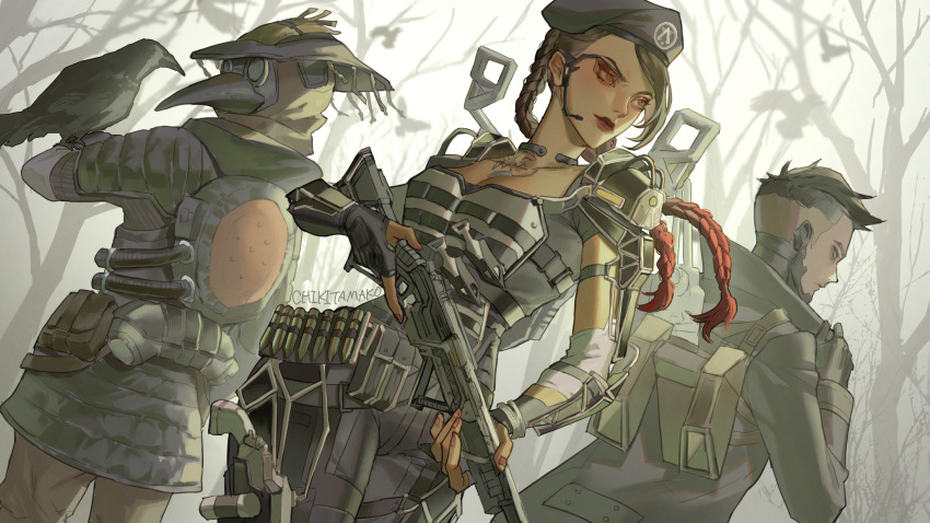 1boy, 1girl, 1other, ambiguous_gender, animal_on_arm, animification, apex_legends, arms_dealer_loba