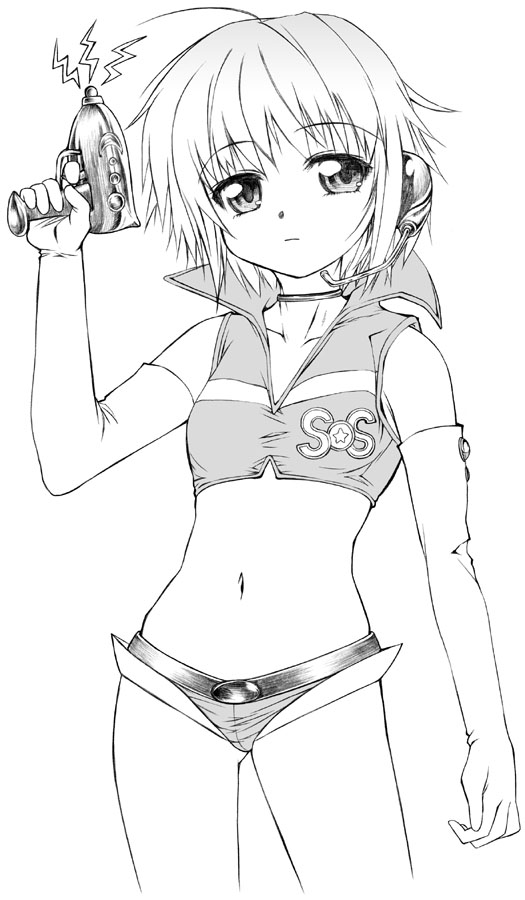 00s, 1girl, choker, elbow_gloves, energy_gun, female_focus, flat_chest, gloves