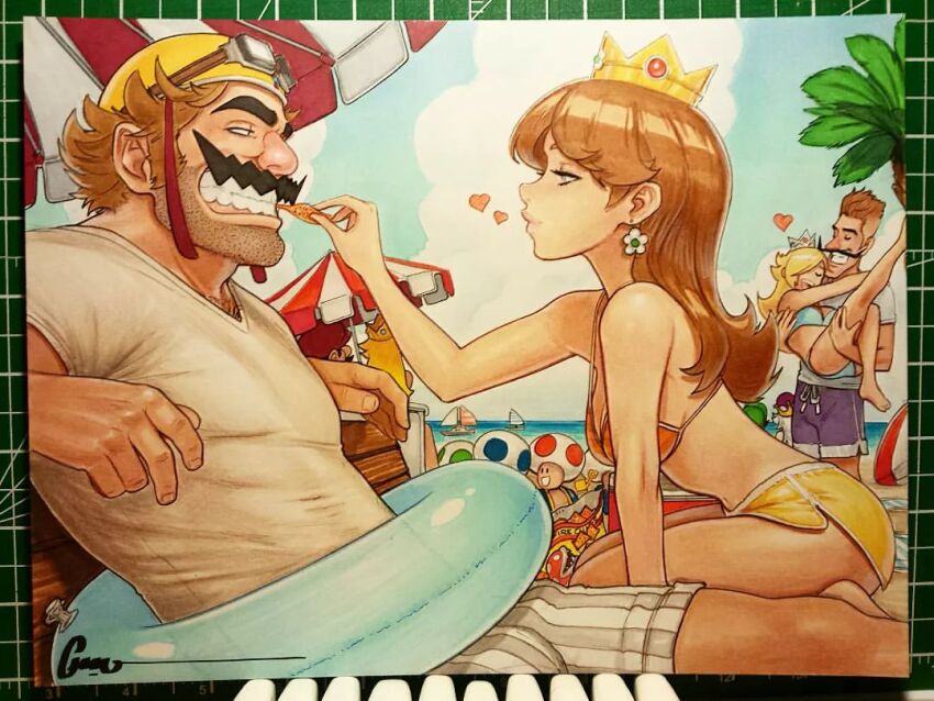 4girls, 6+boys, beach, beach_umbrella, bikini, bikini_top_only, blue_bikini, blue_sky