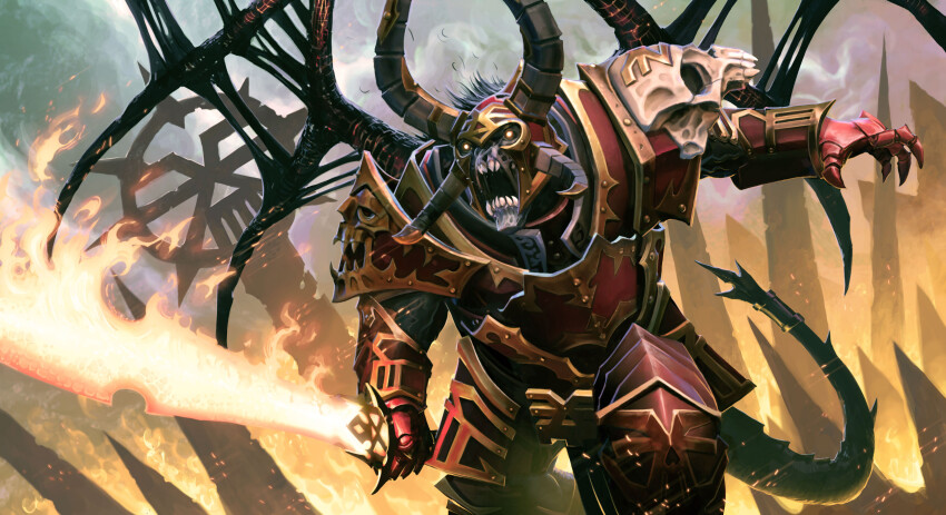 1other, absurdres, armor, chaos_(warhammer), demon, demon_horns, demon_tail, demon_wings