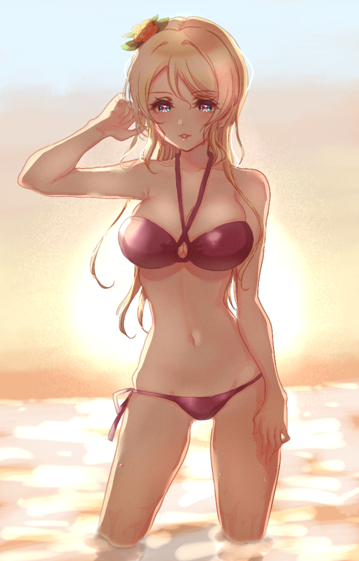 1girl, ayase_eli, bad_id, bad_pixiv_id, bare_shoulders, bikini, blonde_hair, blue_eyes