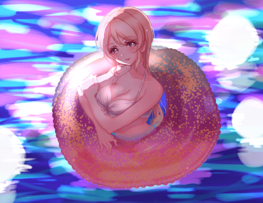 1girl, ayase_eli, bad_id, bad_pixiv_id, bikini, blonde_hair, blue_eyes, blush